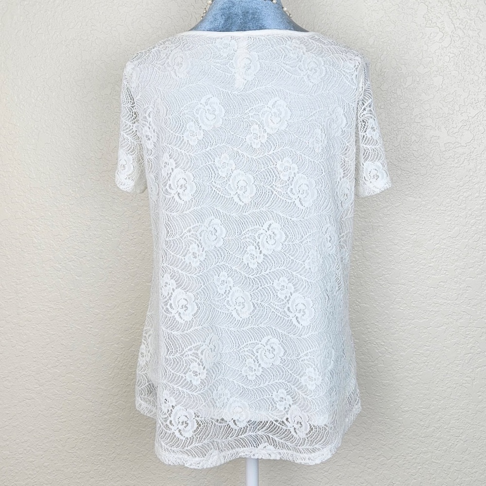 Leo & Nicole Ivory Lace Overlay Scoop Neck Short Sleeve Jersey Knit Top Womens M - Picture 3 of 7